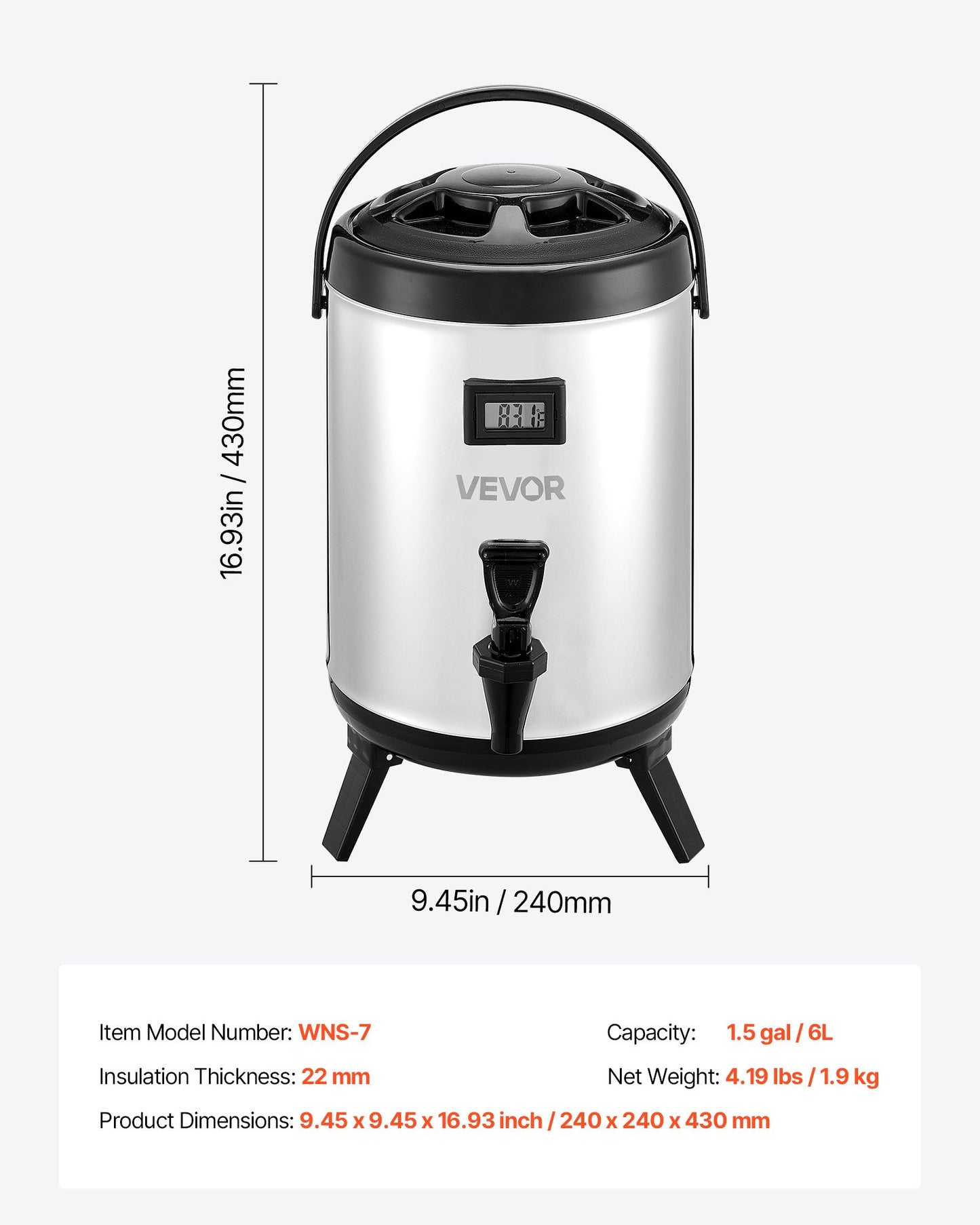 Insulated Beverage Dispenser, 1.5 Gal/6L Stainless Steel Thermal Drink Server with Spigot & Temp Display, Suitable for Hot and Cold Drinks, for Tea Coffee Water in Cafes & Restaurants, Silver