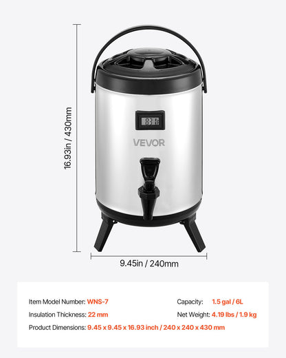 Insulated Beverage Dispenser, 1.5 Gal/6L Stainless Steel Thermal Drink Server with Spigot & Temp Display, Suitable for Hot and Cold Drinks, for Tea Coffee Water in Cafes & Restaurants, Silver