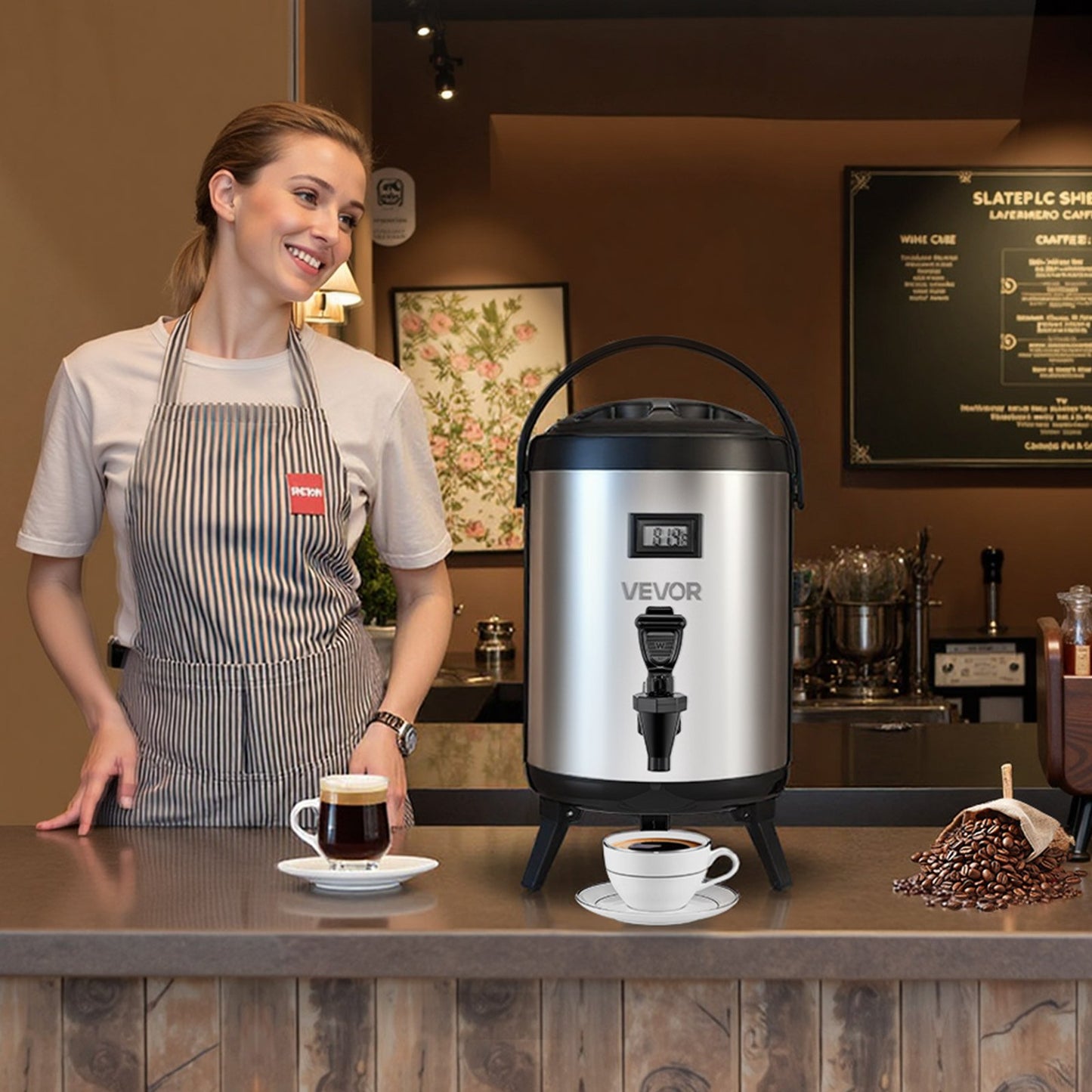 Insulated Beverage Dispenser, 1.5 Gal/6L Stainless Steel Thermal Drink Server with Spigot & Temp Display, Suitable for Hot and Cold Drinks, for Tea Coffee Water in Cafes & Restaurants, Silver