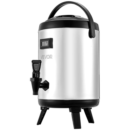 Insulated Beverage Dispenser, 1.5 Gal/6L Stainless Steel Thermal Drink Server with Spigot & Temp Display, Suitable for Hot and Cold Drinks, for Tea Coffee Water in Cafes & Restaurants, Silver