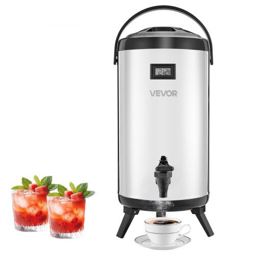 Insulated Beverage Dispenser, 2.4 Gal/9.2L Stainless Steel Thermal Drink Server with Spigot & Temp Display, Suitable for Hot and Cold Drinks, for Tea Coffee Water in Cafes & Restaurants, Silver