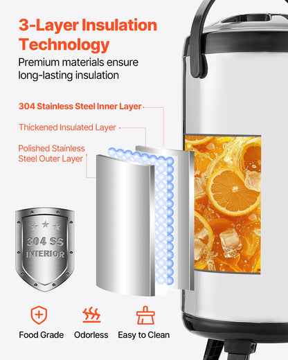 Insulated Beverage Dispenser, 2.4 Gal/9.2L Stainless Steel Thermal Drink Server with Spigot & Temp Display, Suitable for Hot and Cold Drinks, for Tea Coffee Water in Cafes & Restaurants, Silver