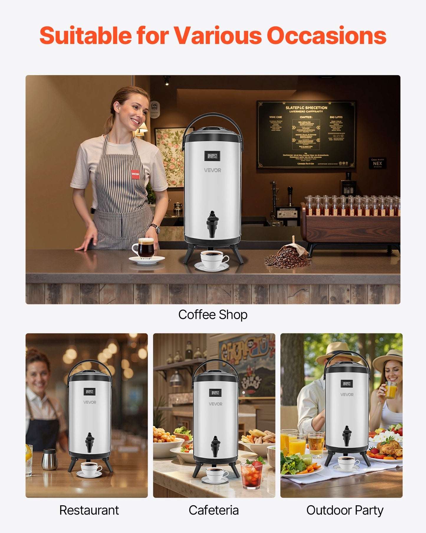 Insulated Beverage Dispenser, 2.4 Gal/9.2L Stainless Steel Thermal Drink Server with Spigot & Temp Display, Suitable for Hot and Cold Drinks, for Tea Coffee Water in Cafes & Restaurants, Silver