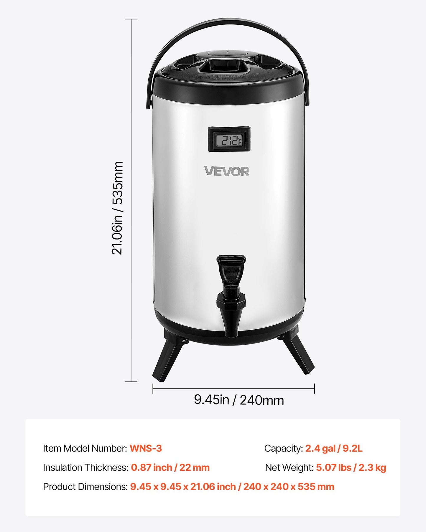 Insulated Beverage Dispenser, 2.4 Gal/9.2L Stainless Steel Thermal Drink Server with Spigot & Temp Display, Suitable for Hot and Cold Drinks, for Tea Coffee Water in Cafes & Restaurants, Silver