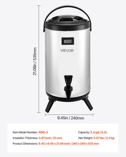 Insulated Beverage Dispenser, 2.4 Gal/9.2L Stainless Steel Thermal Drink Server with Spigot & Temp Display, Suitable for Hot and Cold Drinks, for Tea Coffee Water in Cafes & Restaurants, Silver