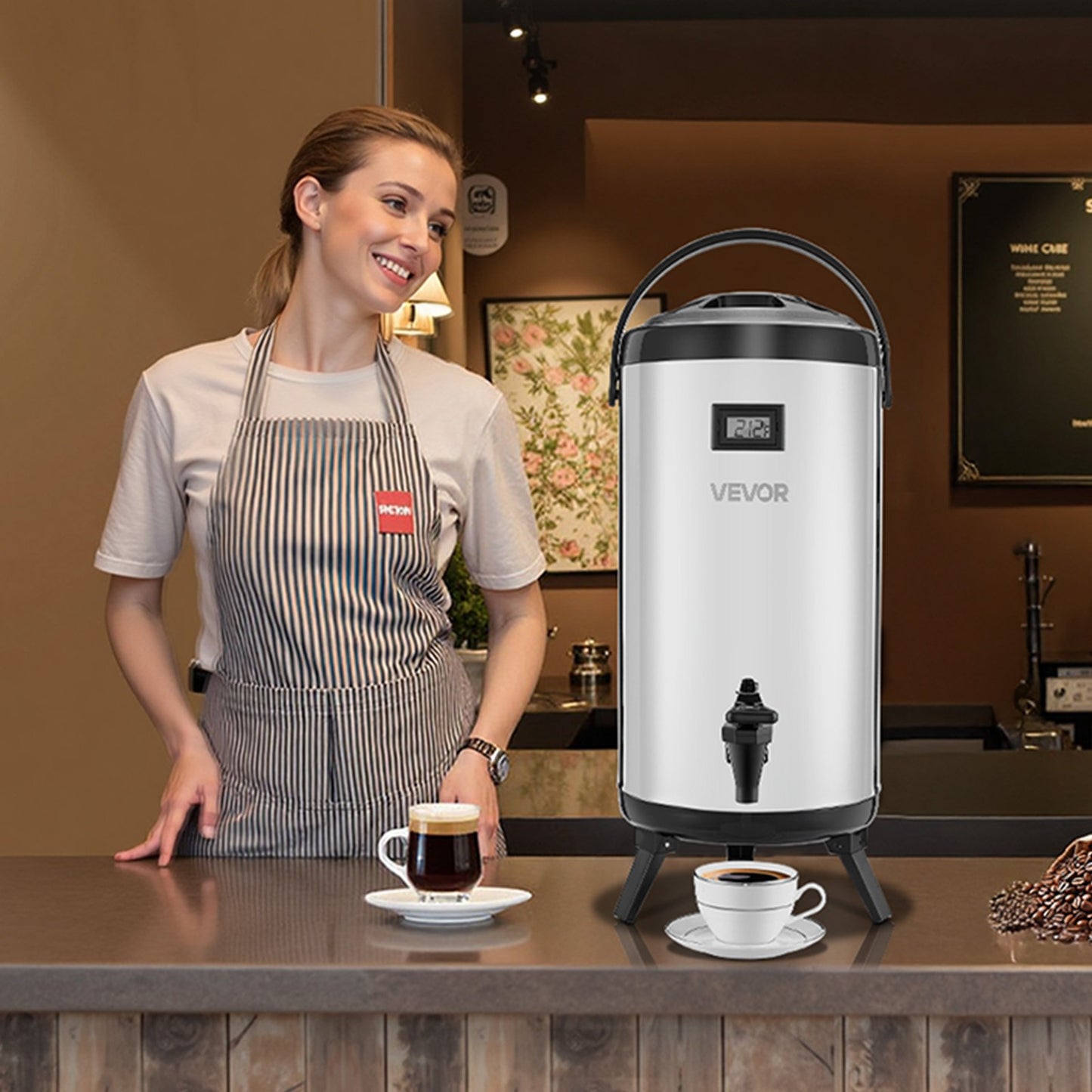 Insulated Beverage Dispenser, 2.4 Gal/9.2L Stainless Steel Thermal Drink Server with Spigot & Temp Display, Suitable for Hot and Cold Drinks, for Tea Coffee Water in Cafes & Restaurants, Silver
