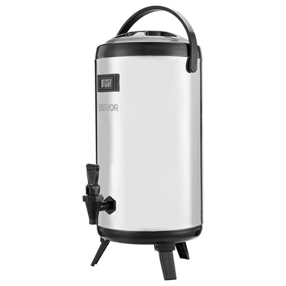 Insulated Beverage Dispenser, 2.4 Gal/9.2L Stainless Steel Thermal Drink Server with Spigot & Temp Display, Suitable for Hot and Cold Drinks, for Tea Coffee Water in Cafes & Restaurants, Silver
