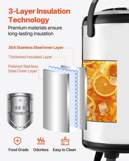 Insulated Beverage Dispenser, 3.2 Gal/12L Stainless Steel Thermal Drink Server with Spigot & Temp Display, Suitable for Hot and Cold Drinks, for Tea Coffee Water in Cafes & Restaurants, Silver