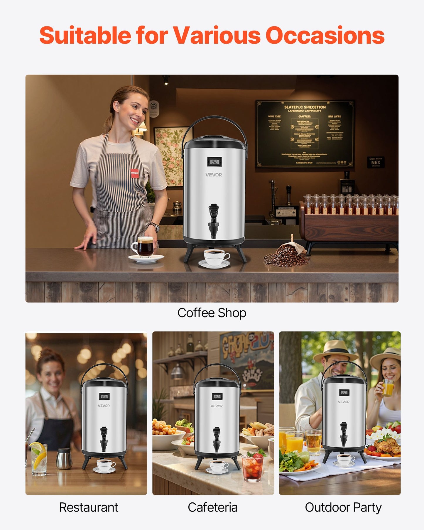 Insulated Beverage Dispenser, 3.2 Gal/12L Stainless Steel Thermal Drink Server with Spigot & Temp Display, Suitable for Hot and Cold Drinks, for Tea Coffee Water in Cafes & Restaurants, Silver