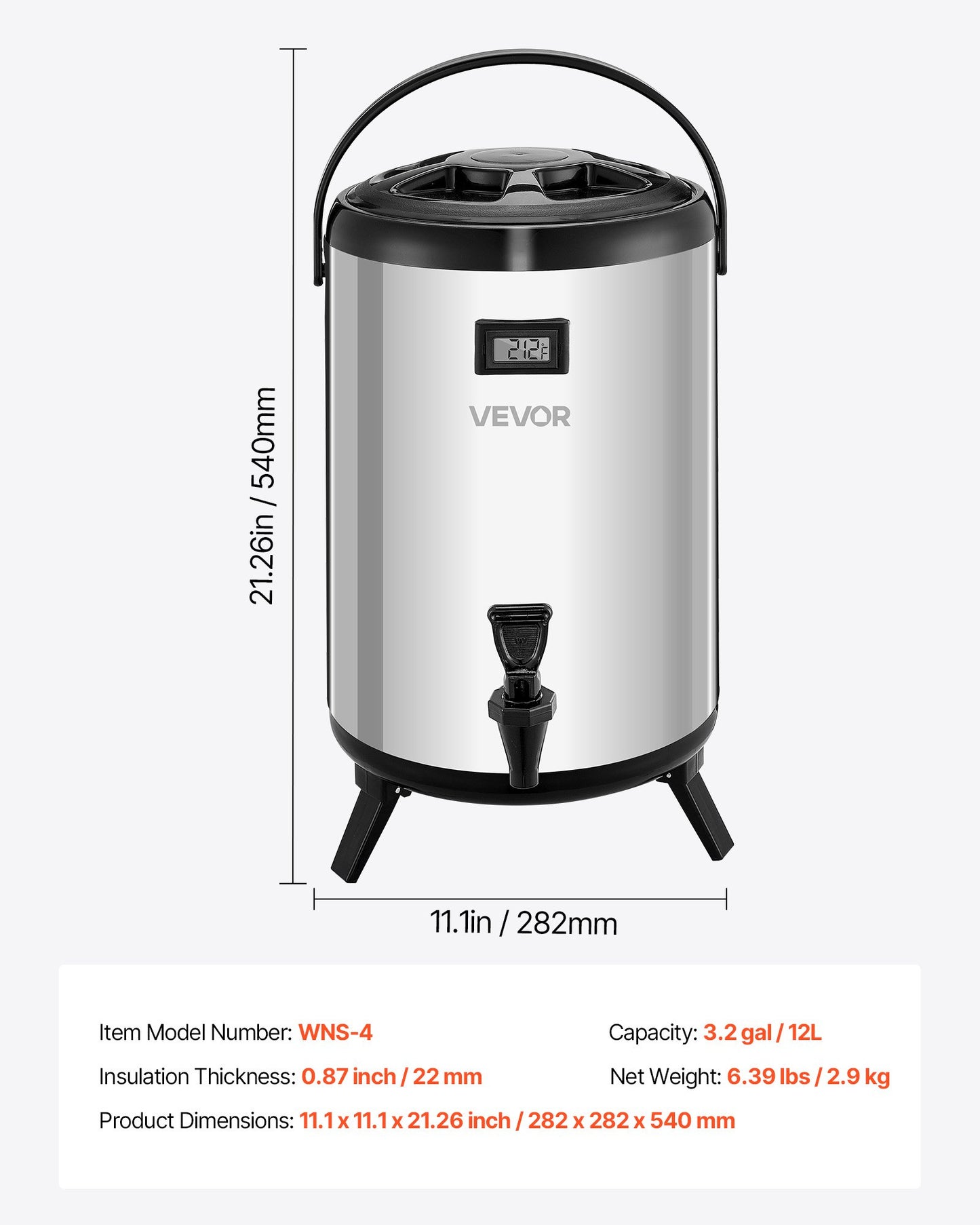 Insulated Beverage Dispenser, 3.2 Gal/12L Stainless Steel Thermal Drink Server with Spigot & Temp Display, Suitable for Hot and Cold Drinks, for Tea Coffee Water in Cafes & Restaurants, Silver