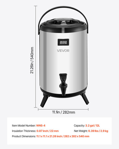Insulated Beverage Dispenser, 3.2 Gal/12L Stainless Steel Thermal Drink Server with Spigot & Temp Display, Suitable for Hot and Cold Drinks, for Tea Coffee Water in Cafes & Restaurants, Silver