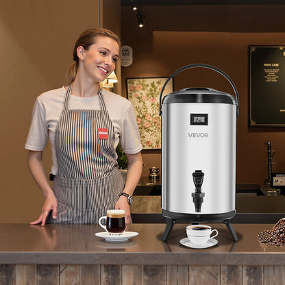 Insulated Beverage Dispenser, 3.2 Gal/12L Stainless Steel Thermal Drink Server with Spigot & Temp Display, Suitable for Hot and Cold Drinks, for Tea Coffee Water in Cafes & Restaurants, Silver