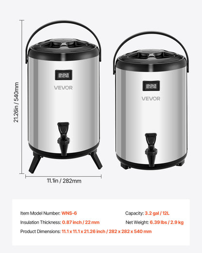 Insulated Beverage Dispenser, 3.2 Gal/12L Stainless Steel Thermal Drink Server with Spigot & Temp Display, Suitable for Hot and Cold Drinks, for Tea Coffee Water in Cafes & Restaurants, 2 Pack