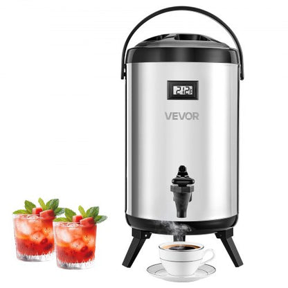 Insulated Beverage Dispenser, 2 Gal/7.6L Stainless Steel Thermal Drink Server with Spigot & Temp Display, Suitable for Hot and Cold Drinks, for Tea Coffee Water in Cafes & Restaurants, Silver
