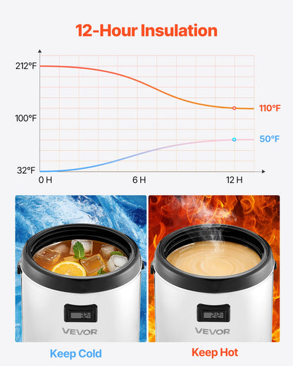 Insulated Beverage Dispenser, 2 Gal/7.6L Stainless Steel Thermal Drink Server with Spigot & Temp Display, Suitable for Hot and Cold Drinks, for Tea Coffee Water in Cafes & Restaurants, Silver