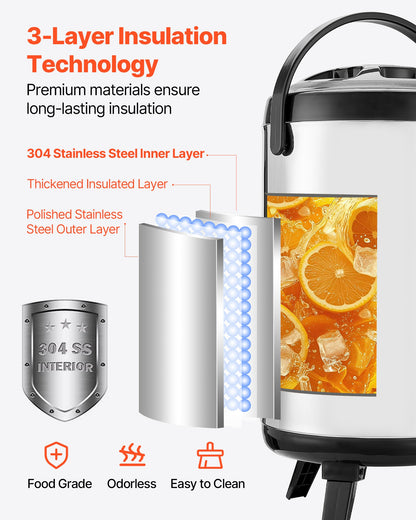 Insulated Beverage Dispenser, 2 Gal/7.6L Stainless Steel Thermal Drink Server with Spigot & Temp Display, Suitable for Hot and Cold Drinks, for Tea Coffee Water in Cafes & Restaurants, Silver