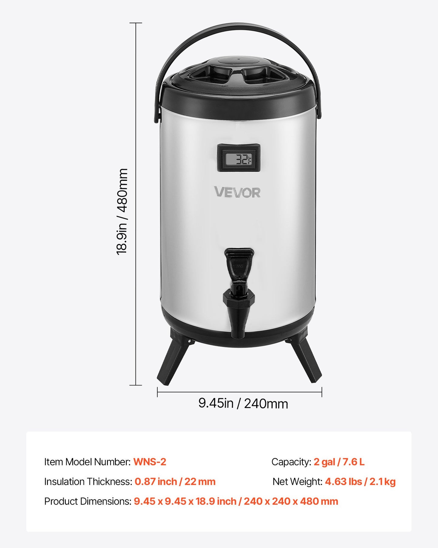 Insulated Beverage Dispenser, 2 Gal/7.6L Stainless Steel Thermal Drink Server with Spigot & Temp Display, Suitable for Hot and Cold Drinks, for Tea Coffee Water in Cafes & Restaurants, Silver
