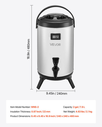 Insulated Beverage Dispenser, 2 Gal/7.6L Stainless Steel Thermal Drink Server with Spigot & Temp Display, Suitable for Hot and Cold Drinks, for Tea Coffee Water in Cafes & Restaurants, Silver