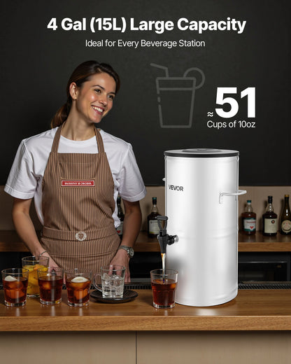 Ice Tea Dispenser, 4 Gal/15L 304 Stainless Steel Beverage Dispenser with Spigot & Handle, Suitable for Hot and Cold Drinks, for Iced Tea Coffee Water in Cafes & Restaurants