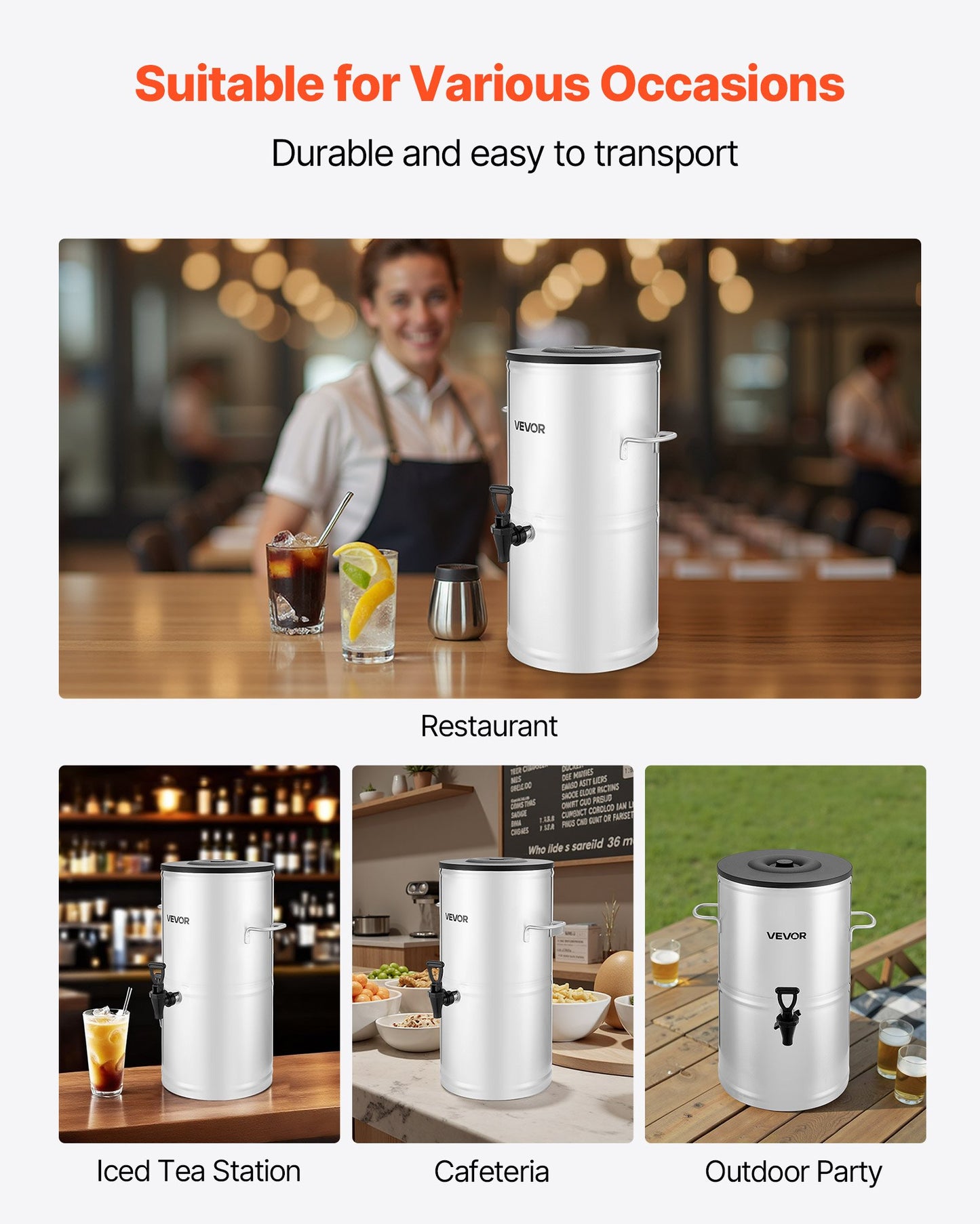 Ice Tea Dispenser, 4 Gal/15L 304 Stainless Steel Beverage Dispenser with Spigot & Handle, Suitable for Hot and Cold Drinks, for Iced Tea Coffee Water in Cafes & Restaurants