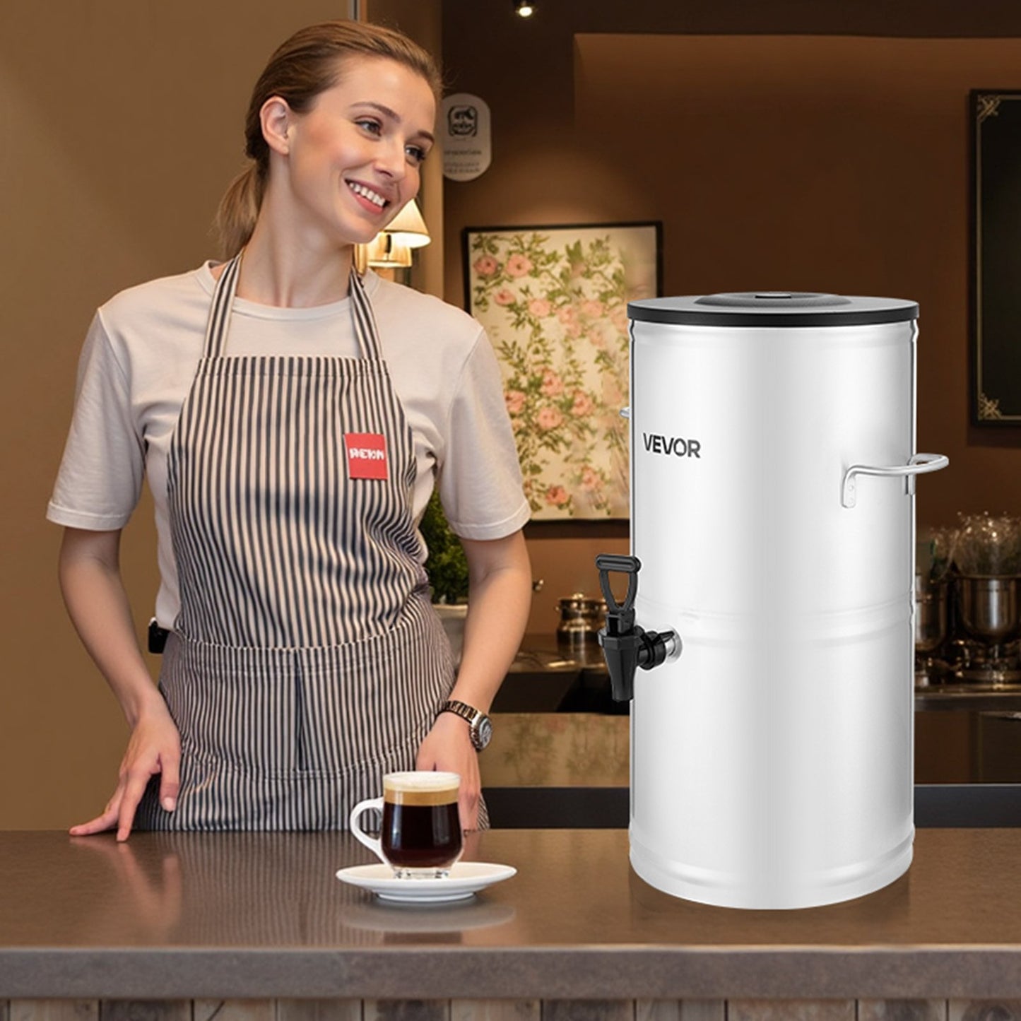 Ice Tea Dispenser, 4 Gal/15L 304 Stainless Steel Beverage Dispenser with Spigot & Handle, Suitable for Hot and Cold Drinks, for Iced Tea Coffee Water in Cafes & Restaurants