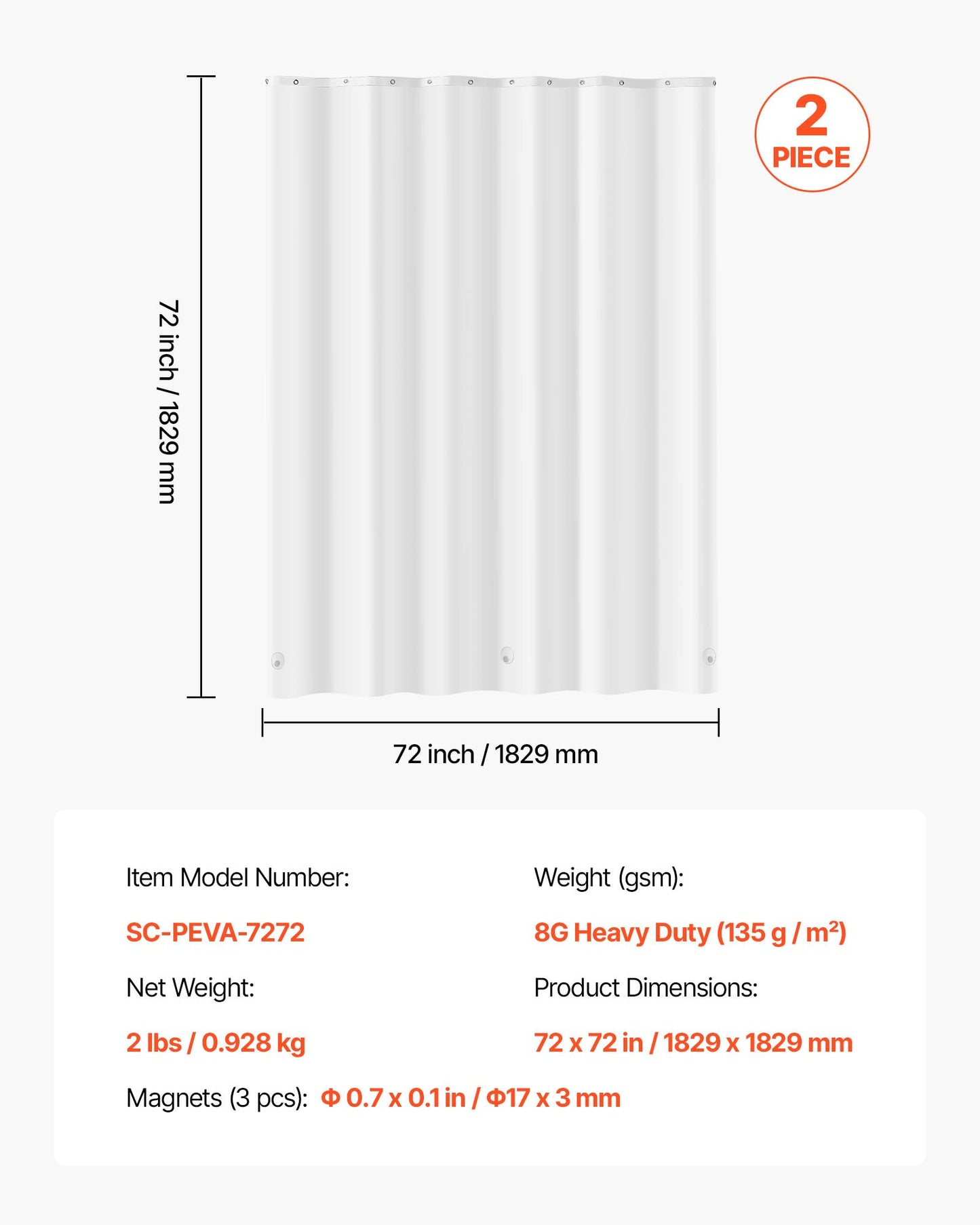 Shower Curtain Liner, 8G Heavy-Duty PEVA Shower Liner, 2-Pack Waterproof Plastic Liners with 3 Magnets and 12 Rust-Resistant Metal Grommet, for Bathroom Showers & Bath Tubs, 72 x 72 in (White)