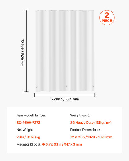 Shower Curtain Liner, 8G Heavy-Duty PEVA Shower Liner, 2-Pack Waterproof Plastic Liners with 3 Magnets and 12 Rust-Resistant Metal Grommet, for Bathroom Showers & Bath Tubs, 72 x 72 in (White)