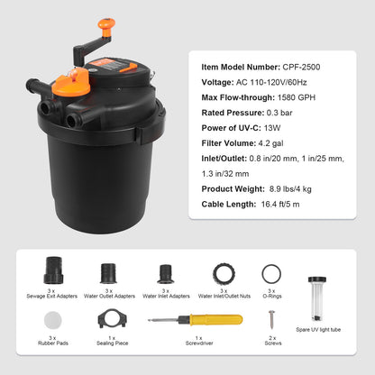Bio Pressure Pond Filter, Up to 1600 Gallons, with 13W UV-C Light, 1580 GPH, Pressurized Biological Pond Filter System Filtration Equipment for Fountain Pool, Koi Fish Aquarium Tank Garden Water