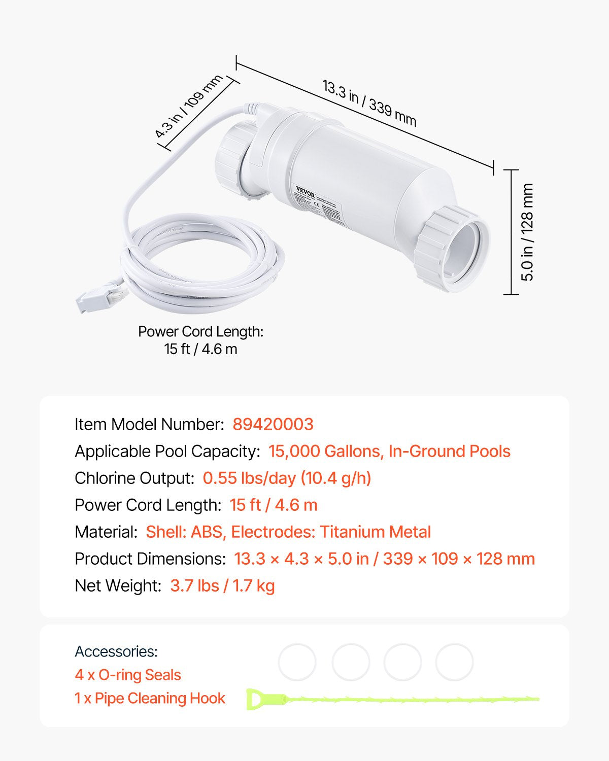 Salt Water Chlorinator System, Pool Chlorination Cell Fits for Hayward W3T-Cell-3 (T3), Pool Cell Salt Water System for In-Ground Swimming Pools up to 15,000 Gallons, 15 ft Power Line, White