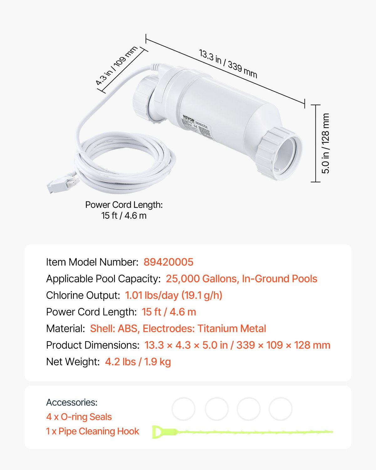 Salt Water Chlorinator System, Pool Chlorination Cell Fits for Hayward W3T-Cell-9 (T9), Pool Cell Salt Water System for In-Ground Swimming Pools up to 25,000 Gallons, 15 ft Power Line, White