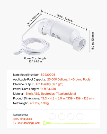 Salt Water Chlorinator System, Pool Chlorination Cell Fits for Hayward W3T-Cell-9 (T9), Pool Cell Salt Water System for In-Ground Swimming Pools up to 25,000 Gallons, 15 ft Power Line, White