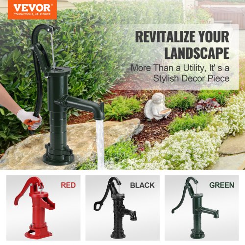 Antique Hand Water Pump 14.6 x 5.9 x 26 Inch Jug Pump with Handle Cast Iron Well Pump with Pre-Set 0.5" Holes for Easy Installation Old Fashion Jug Hand Pump for Garden Ponds Garden Green | EU