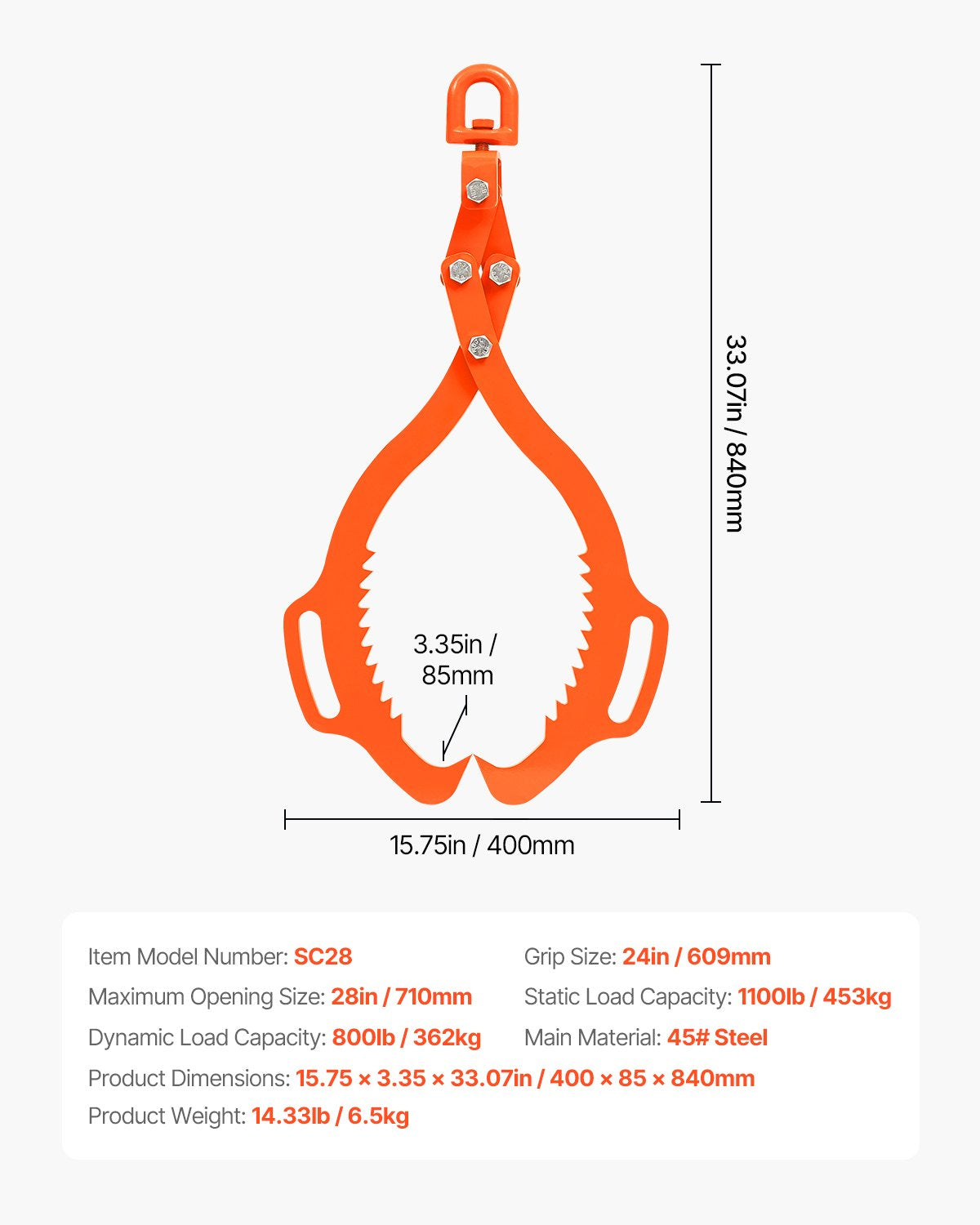 28-tums stocklyfttång 2 klor massivt stål stock gripel svängbar stocklyftare