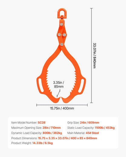 28-tums stocklyfttång 2 klor massivt stål stock gripel svängbar stocklyftare
