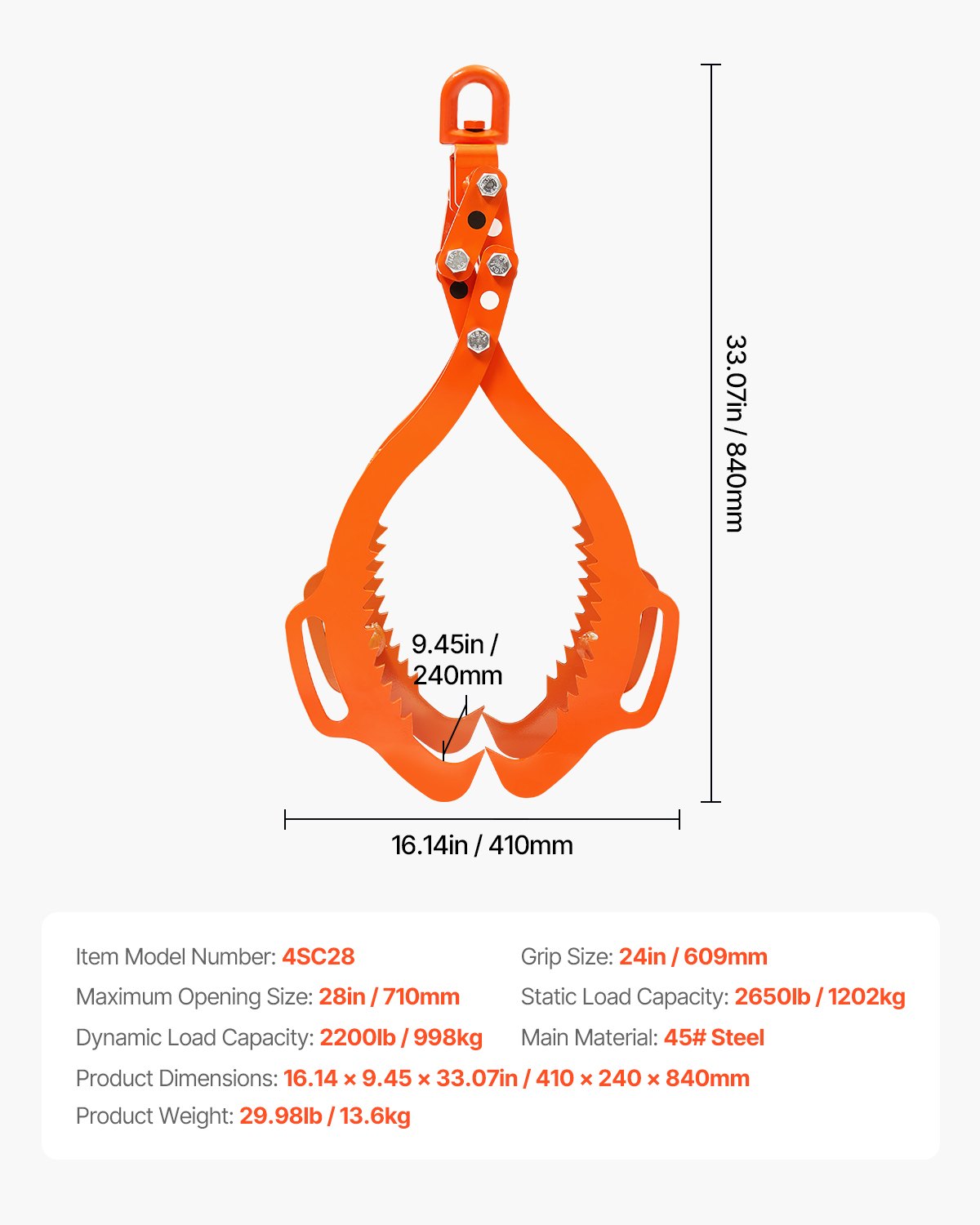 28-inch Log Lifting Pliers 4 Claws Solid Steel Log Grip Swivel Log Tool