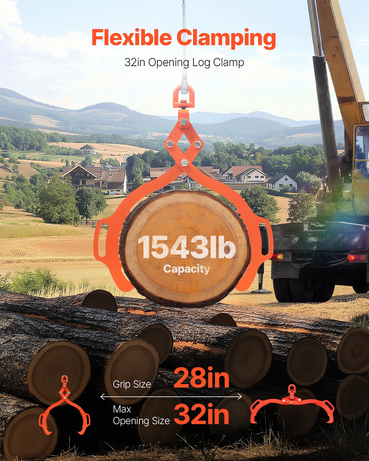 32 Zoll Holzhebezange mit 2 Krallen, massiver Stahl-Holzgriff, drehbares Holzwerkzeug