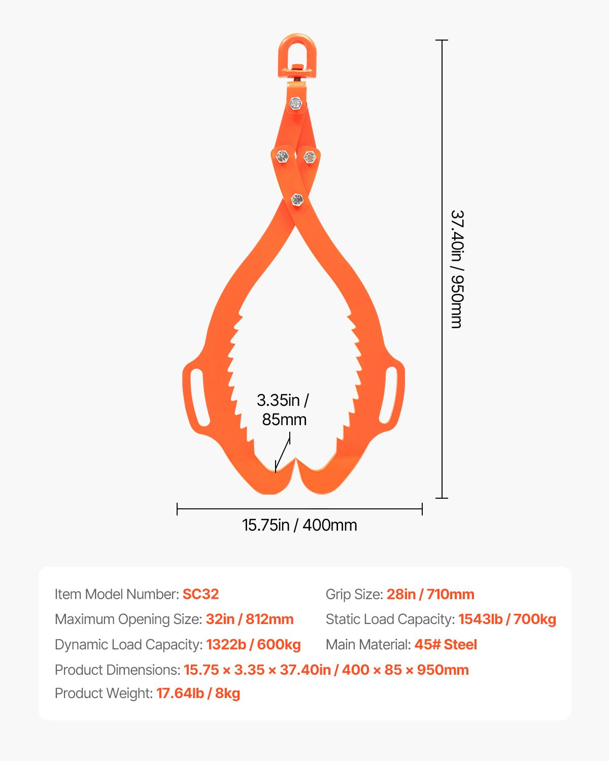 32 Zoll Holzhebezange mit 2 Krallen, massiver Stahl-Holzgriff, drehbares Holzwerkzeug