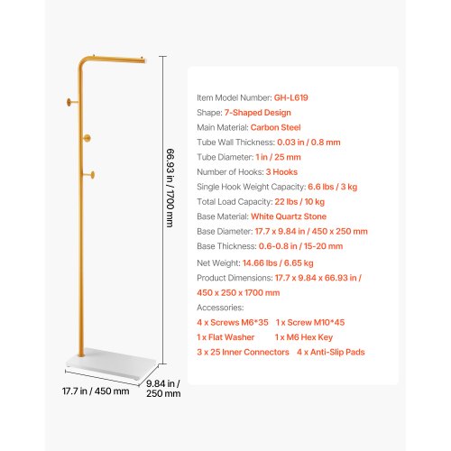 coat rack Freestanding coat rack with quartz stone base and 3 round hooks | EU