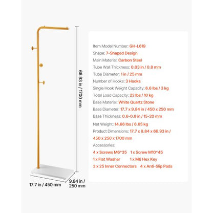 coat rack Freestanding coat rack with quartz stone base and 3 round hooks | EU