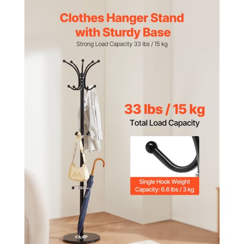 Freestanding Coat Rack Stable Marble Base with Umbrella Holder and 14 Hooks | EU