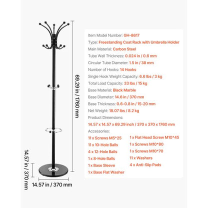 Freestanding Coat Rack Stable Marble Base with Umbrella Holder and 14 Hooks | EU