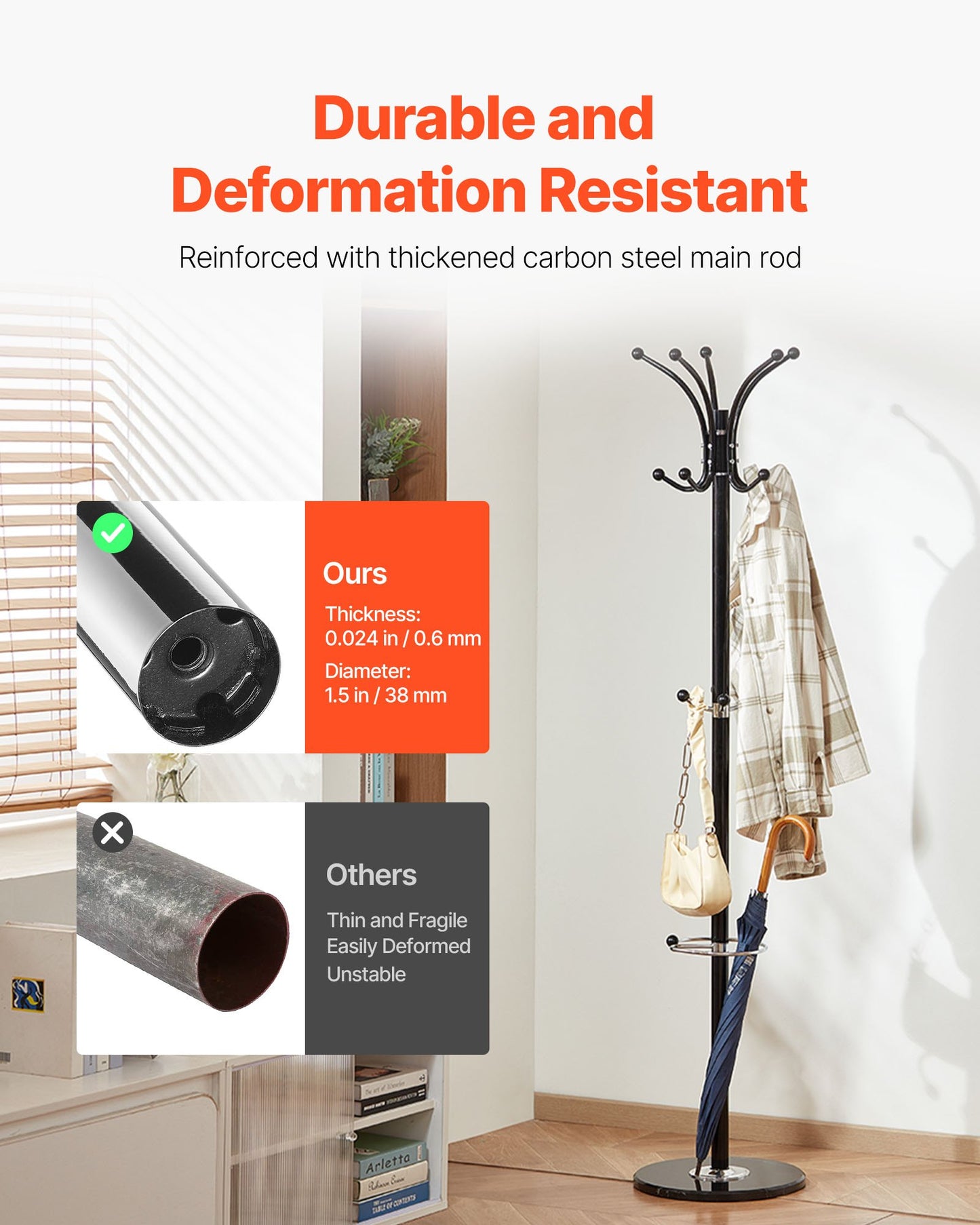 Freestanding Coat Rack, Metal Coats Rack Stand with Umbrella Holder, Stable Marble Base & 14 Hooks, Hall Coat Tree for Entryway, Bedroom, Living Room, Stylish Coats Hanger for Hats, Scarves, Bag