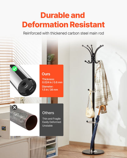 Freestanding Coat Rack, Metal Coats Rack Stand with Umbrella Holder, Stable Marble Base & 14 Hooks, Hall Coat Tree for Entryway, Bedroom, Living Room, Stylish Coats Hanger for Hats, Scarves, Bag