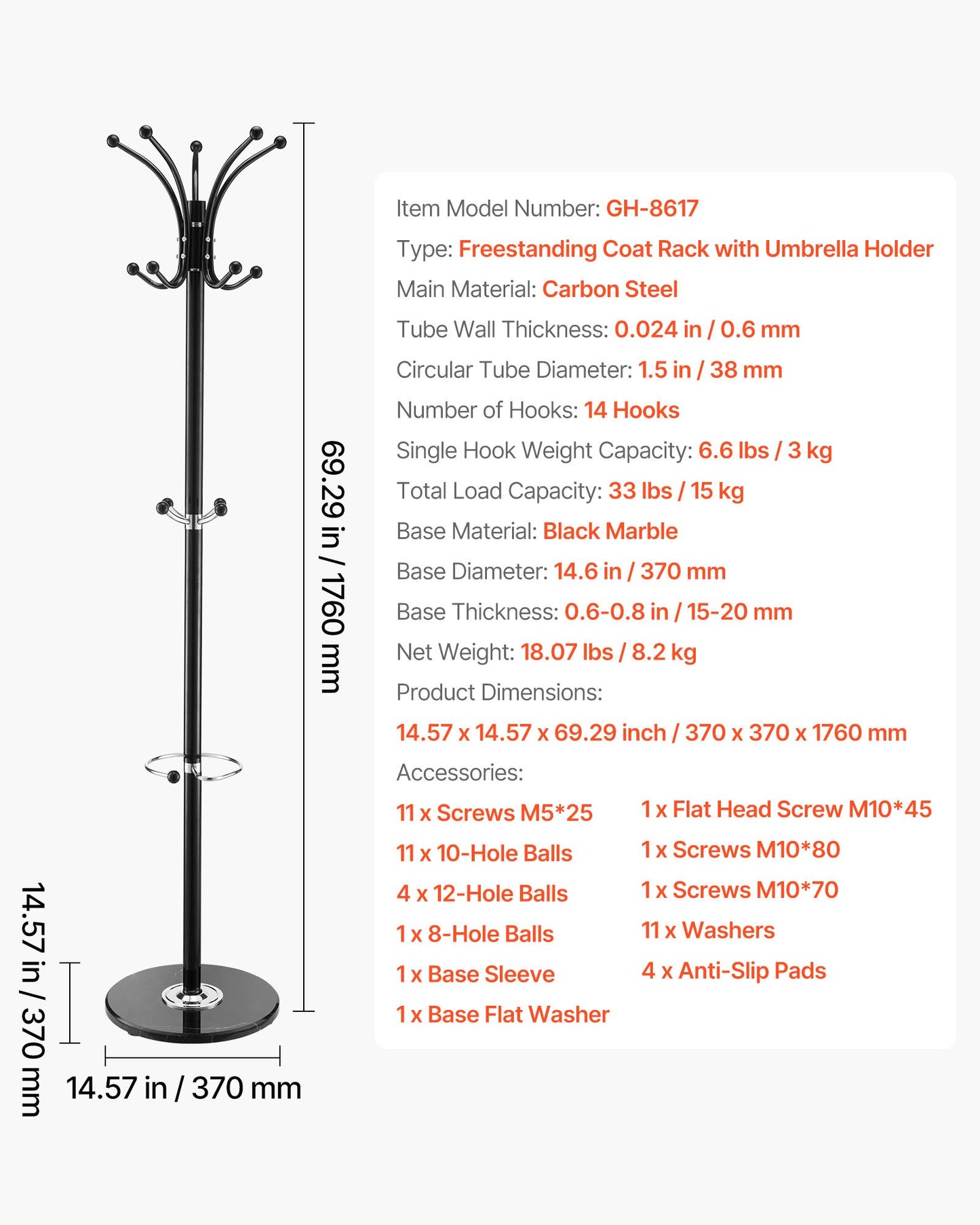 Freestanding Coat Rack, Metal Coats Rack Stand with Umbrella Holder, Stable Marble Base & 14 Hooks, Hall Coat Tree for Entryway, Bedroom, Living Room, Stylish Coats Hanger for Hats, Scarves, Bag