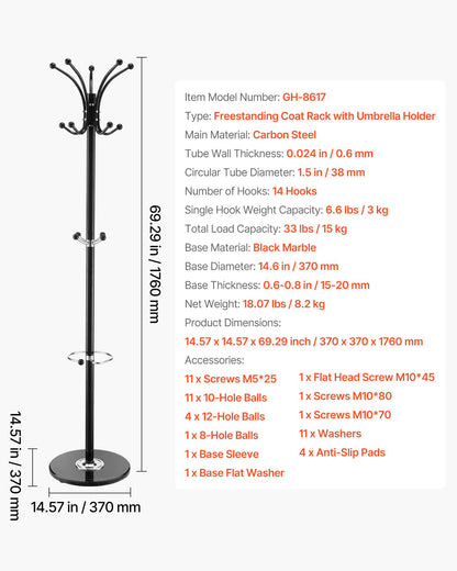 Freestanding Coat Rack, Metal Coats Rack Stand with Umbrella Holder, Stable Marble Base & 14 Hooks, Hall Coat Tree for Entryway, Bedroom, Living Room, Stylish Coats Hanger for Hats, Scarves, Bag