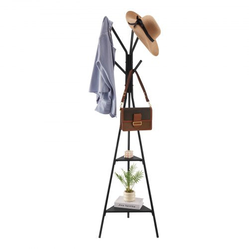 Coat Rack, Freestanding Coats Rack Stand with 2 Shelves & 6 Hooks, Free Standing Hall Coat Tree for Entryway, Bedroom, Living Room, Modern Clothes Hanger Stand for Coats, Hats, Scarves, Handbags