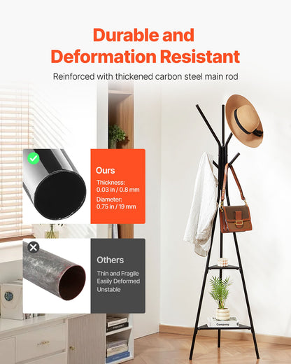 Coat Rack, Freestanding Coats Rack Stand with 2 Shelves & 6 Hooks, Free Standing Hall Coat Tree for Entryway, Bedroom, Living Room, Modern Clothes Hanger Stand for Coats, Hats, Scarves, Handbags