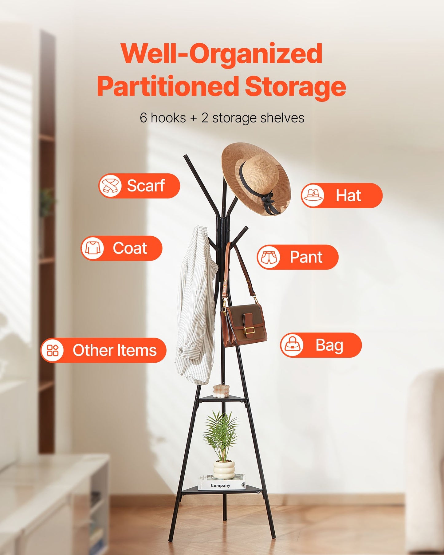 Coat Rack, Freestanding Coats Rack Stand with 2 Shelves & 6 Hooks, Free Standing Hall Coat Tree for Entryway, Bedroom, Living Room, Modern Clothes Hanger Stand for Coats, Hats, Scarves, Handbags