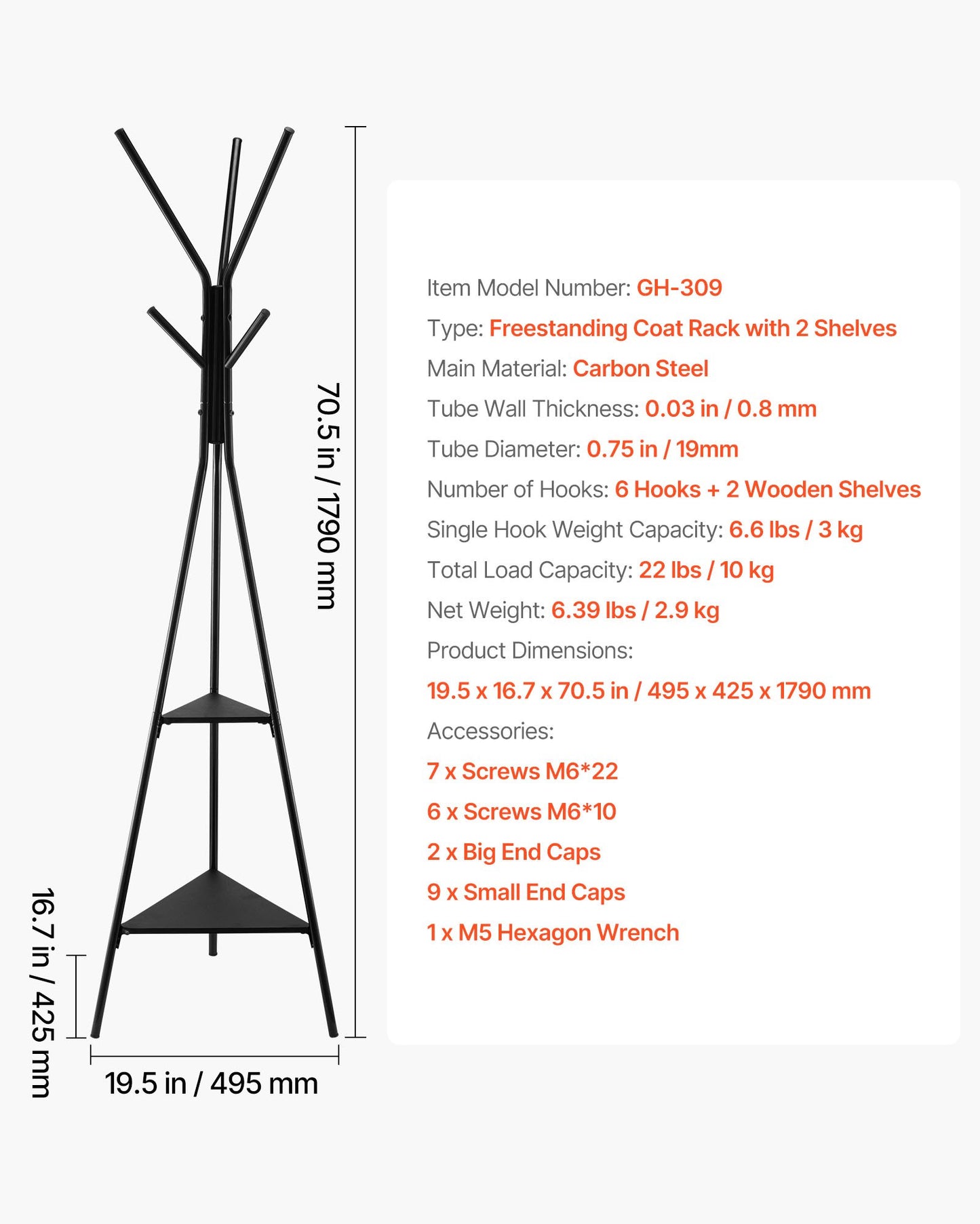 Coat Rack, Freestanding Coats Rack Stand with 2 Shelves & 6 Hooks, Free Standing Hall Coat Tree for Entryway, Bedroom, Living Room, Modern Clothes Hanger Stand for Coats, Hats, Scarves, Handbags