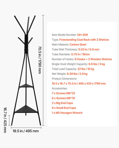 Coat Rack, Freestanding Coats Rack Stand with 2 Shelves & 6 Hooks, Free Standing Hall Coat Tree for Entryway, Bedroom, Living Room, Modern Clothes Hanger Stand for Coats, Hats, Scarves, Handbags